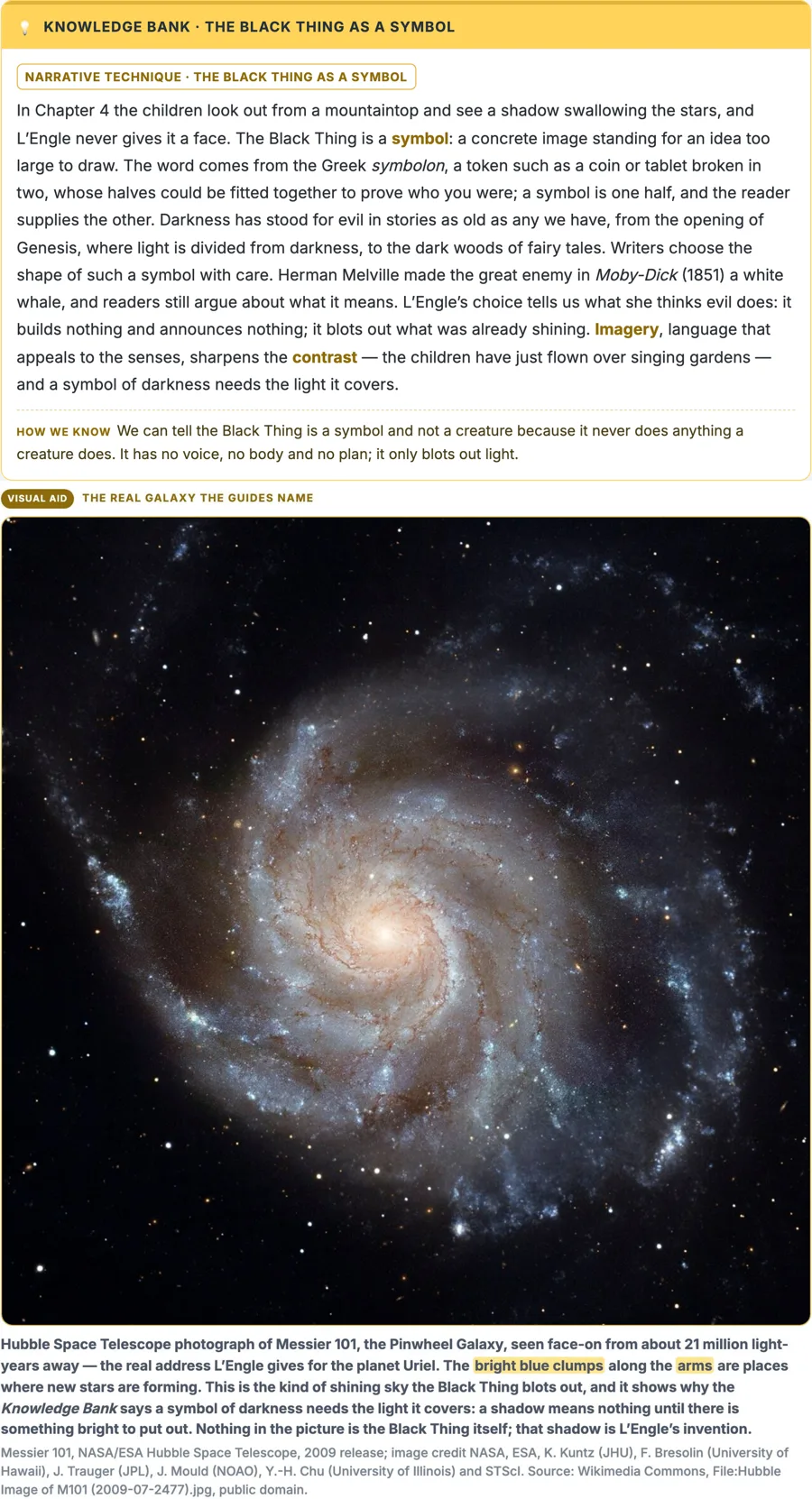 A Knowledge Bank from A Wrinkle in Time Part 2 with its Visual Aid photograph, captions in English, Korean and Chinese and a source line