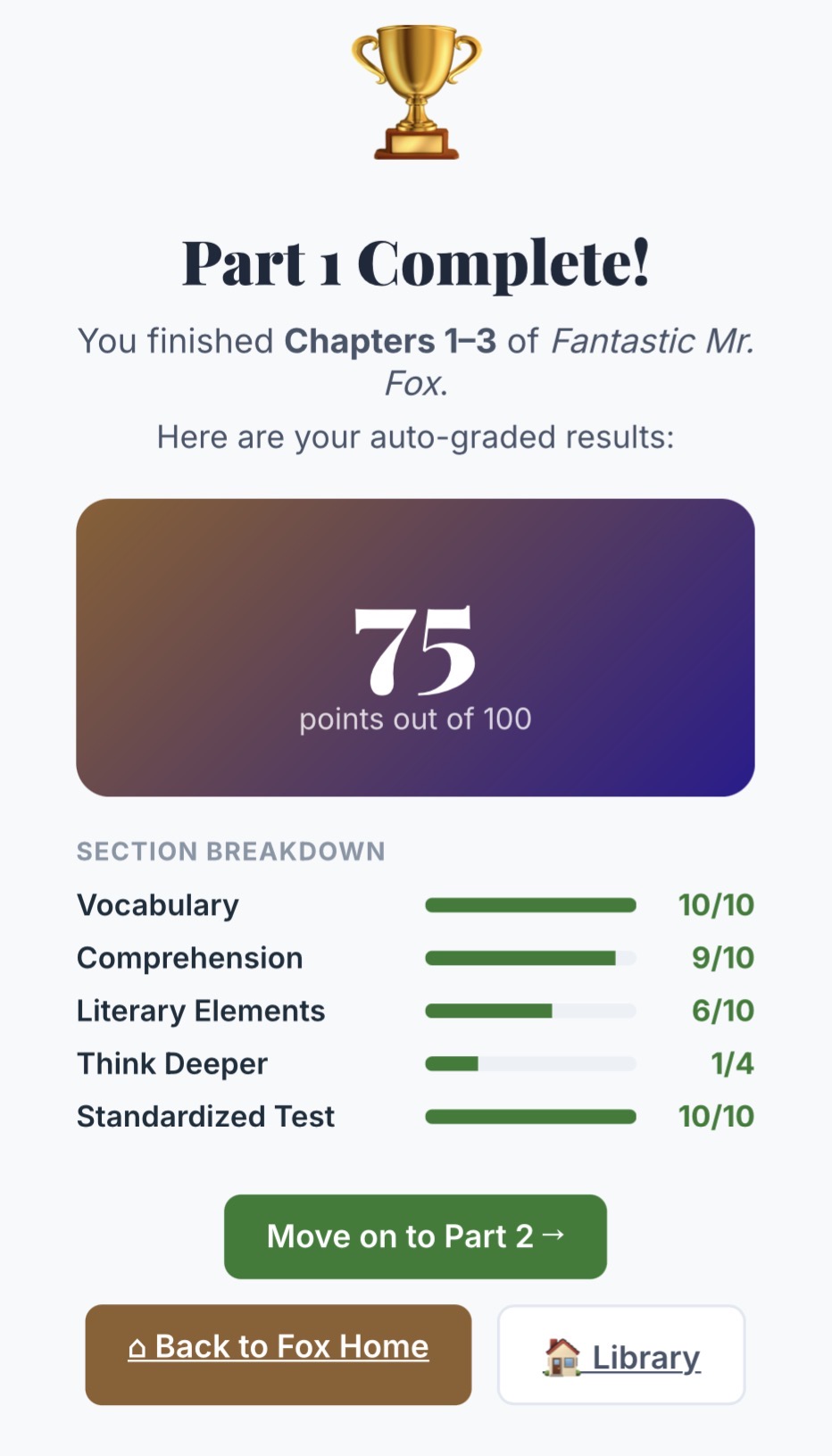 Part results screen with the score and a section-by-section breakdown