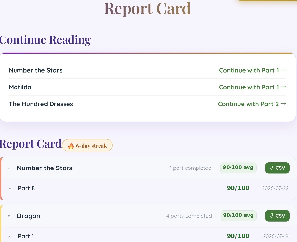 Report Card with reading streak and continue reading