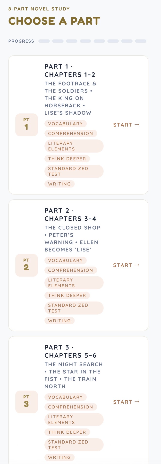 Choose a part in the 8-part novel study